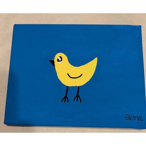 Yellow Bird Painting on Blue Canvas by Elena Mernoff 8x10 - Picture 10 of 10